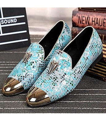 Pure Manual Flash Novelty Wedding/Night Party Cowhide Leather Loafers Light Blue/Navy  
